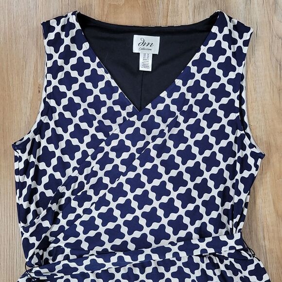 🔹️JM Collection Blue & White Print Faux Wrap Sleeveless Belted Dress Size 14 - Picture 5 of 9